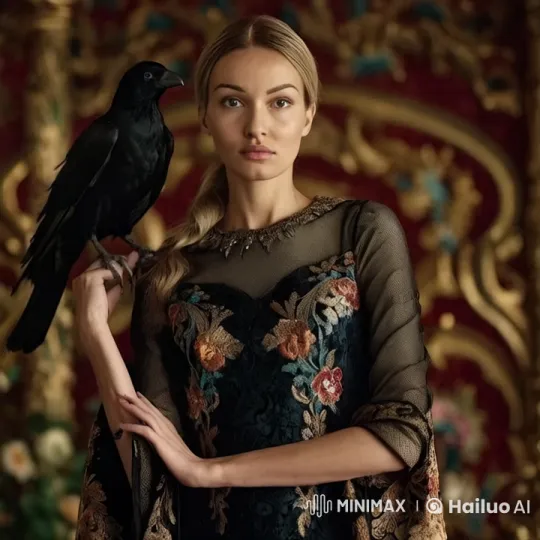 Elegant Girl with Raven in Enchanted Black Gown Room – AI Generated Video | Hailuo AI
