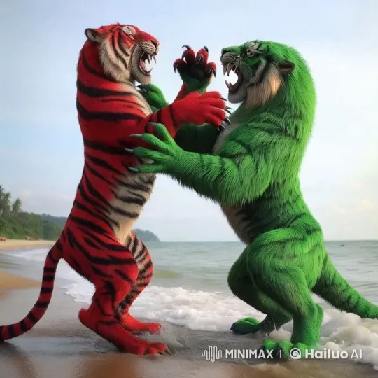 Fierce Tigers Clash on Serene Beach – AI Generated Video | Hailuo AI