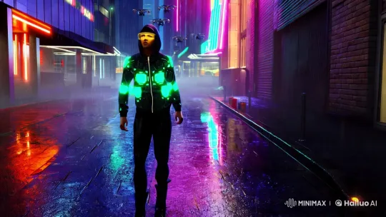 Cyberpunk Hacker Navigates Neon Cityscape in IMAX Detail – AI Generated Video | Hailuo AI