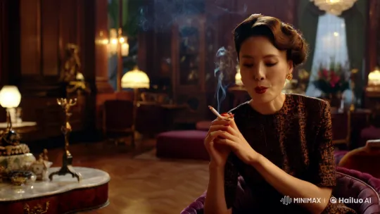 Sophisticated Woman Smokes in Opulent, Dimly-Lit Room – AI Generated Video | Hailuo AI