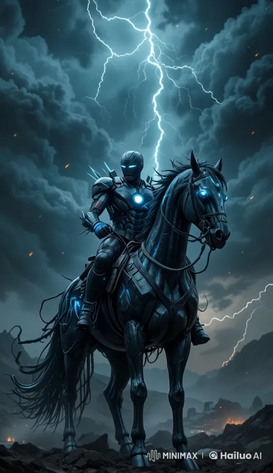 Futuristic Knight on Robotic Horse in Stormy Landscape – AI Generated Video | Hailuo AI