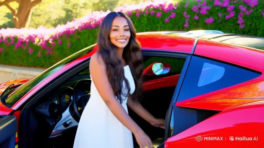 Stunning Woman Steps Out of Ferrari in Elegant Scene – AI Generated Video | Hailuo AI