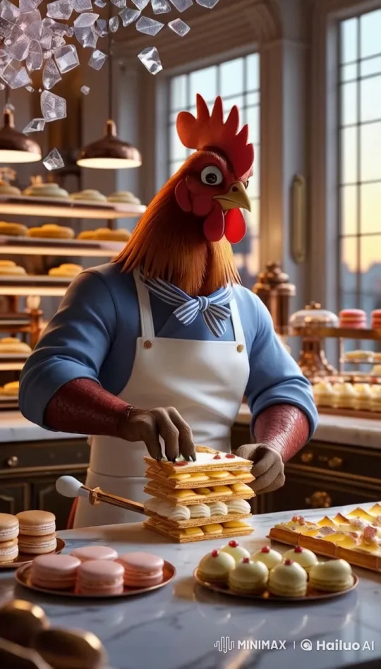 Rooster Chef Craftily Prepares Pastries in Cozy Bakery – AI Generated Video | Hailuo AI