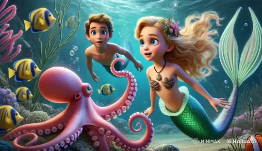 Vibrant Underwater Adventure with Mermaid, Boy, and Playful Octopus – AI Generated Video | Hailuo AI