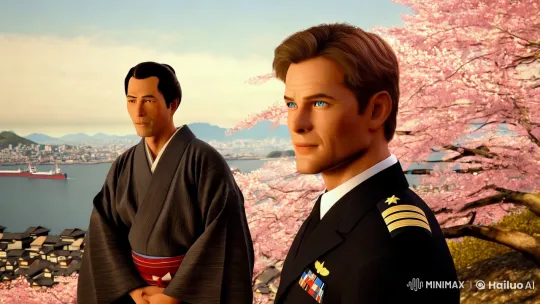 American Man and Japanese Guide Amidst Cherry Blossoms – AI Generated Video | Hailuo AI
