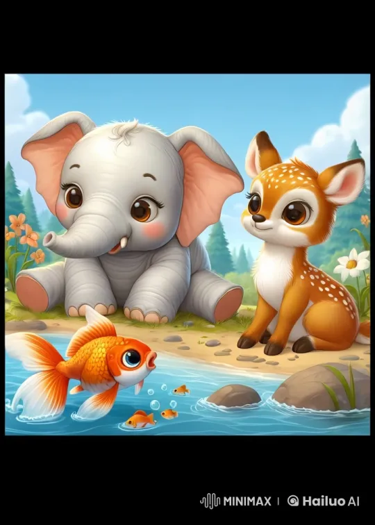 Baby Elephant and Deer Marvel at River Goldfish – AI Generated Video | Hailuo AI