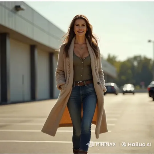 Stylish Woman Showcases Sophisticated Outfit in Daylight Parking Lot – AI Generated Video | Hailuo AI