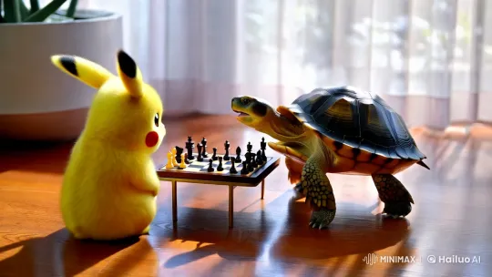 Sunlit Room: Pikachu vs. Turtle in Chess Game – AI Generated Video | Hailuo AI