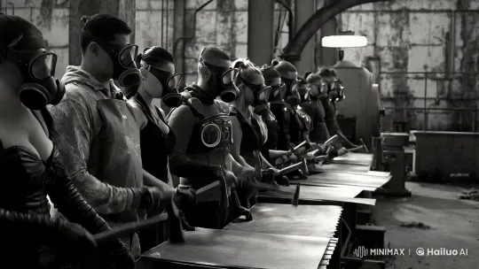 Cyberpunk Factory: Synchronized Labor in Monochrome Aesthetic – AI Generated Video | Hailuo AI