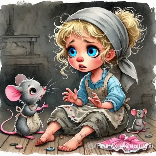 Young Girl Engages in Animated Chat with Mice in Tattered Room – AI Generated Video | Hailuo AI