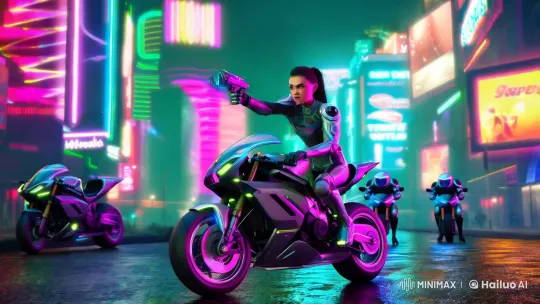 Cyberpunk Girl on Exosuit Motorcycle in Futuristic Cityscape – AI Generated Video | Hailuo AI