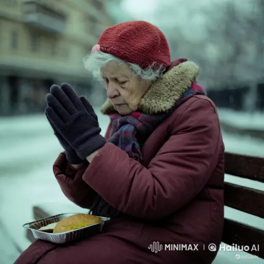 Elderly Woman in Winter Setting with Meal – AI Generated Video | Hailuo AI