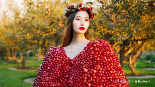 Young Woman in Pomegranate-Themed Dress in Enchanting Garden – AI Generated Video | Hailuo AI