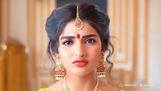 Young Woman Showcases Traditional Beauty Amidst Discomfort – AI Generated Video | Hailuo AI