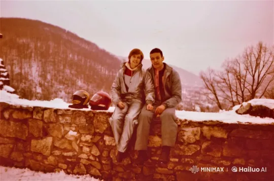 Winter Romance: Couple Shares Intimate Moment on Stone Wall – AI Generated Video | Hailuo AI