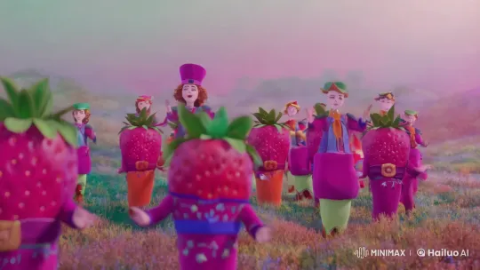 Anthropomorphic Strawberries Form a Band in Pastel Meadow – AI Generated Video | Hailuo AI