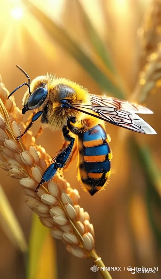 Serene Sunset: Close-up of a Bee on Wheat – AI Generated Video | Hailuo AI