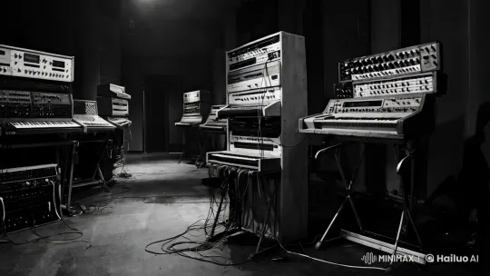 Post-Apocalyptic Synthesizer Studio in Monochrome – AI Generated Video | Hailuo AI