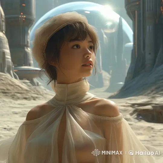 Elegant Woman Explores Futuristic Landscape – AI Generated Video | Hailuo AI