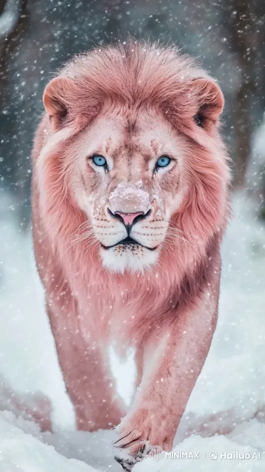 Rare Pink-Maned Lion in Majestic Snowy Forest Walk – AI Generated Video | Hailuo AI