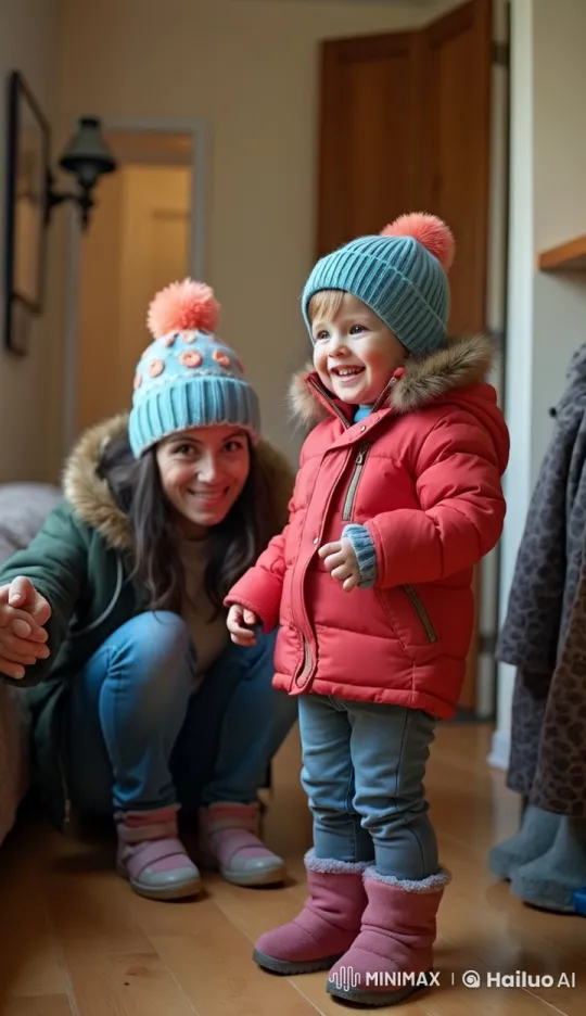 Child and Adult Prepare to Go Out in Cozy Winter Gear – AI Generated Video | Hailuo AI