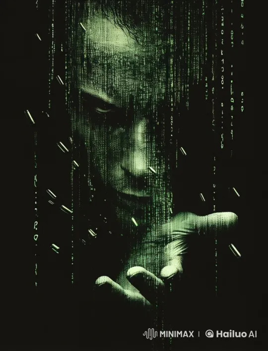 Digital Face Emerges in Green Code Flow Animation – AI Generated Video | Hailuo AI