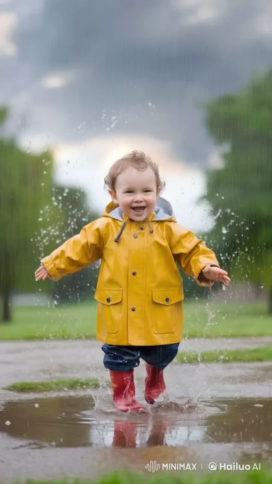 Child Joyfully Splashes in Rainy Park Puddle – AI Generated Video | Hailuo AI