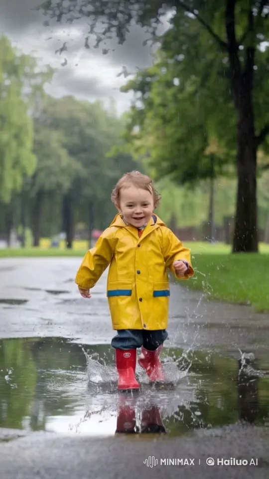 Child Joyfully Splashes in Park Puddle on Rainy Day – AI Generated Video | Hailuo AI