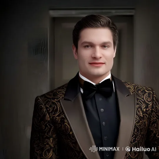 Confident Man in Black and Gold Tuxedo Introduces Himself – AI Generated Video | Hailuo AI