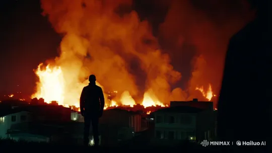 Silhouetted Figure Amidst War-Torn City Blaze – AI Generated Video | Hailuo AI