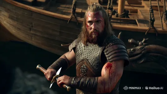 Viking Warrior Stands Defiant Amidst Brutal Struggle – AI Generated Video | Hailuo AI