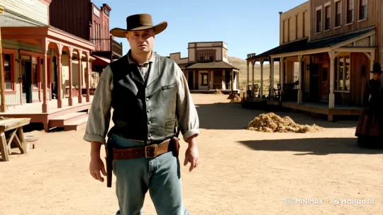 Determined Cowboy in Old West Dusty Street – AI Generated Video | Hailuo AI