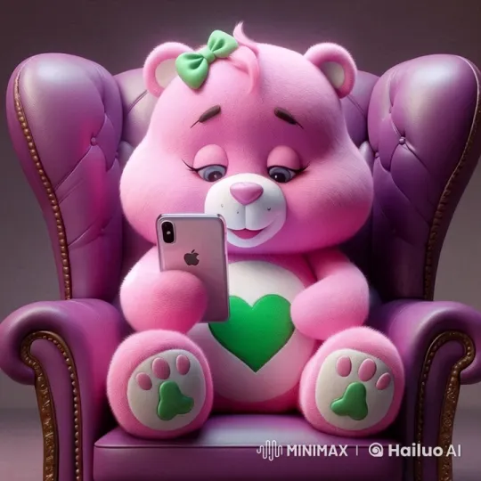 Pink Teddy Bear Engages with Smartphone on Purple Chair – AI Generated Video | Hailuo AI