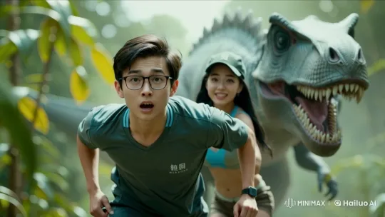 Survival Chase: Couple Evades T-Rex in Dense Jungle – AI Generated Video | Hailuo AI