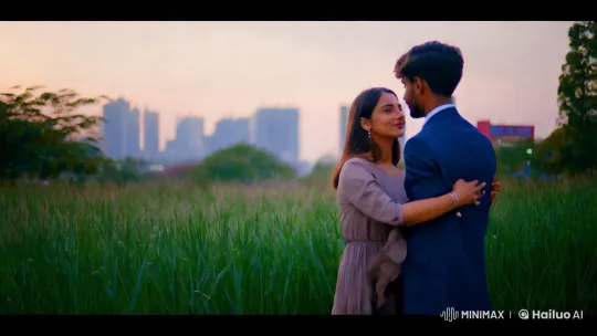 Romantic Embrace in Dusk-Lit Urban Park – AI Generated Video | Hailuo AI