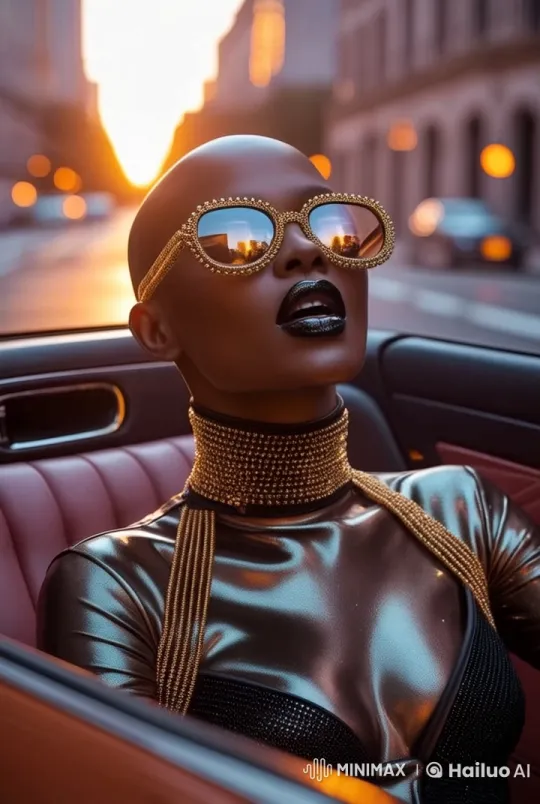 Afro-Nigro Supermodel Sings in Luxury Car at Sunset – AI Generated Video | Hailuo AI