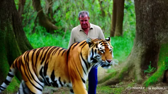 Man and Tiger Walk in Harmony Through Verdant Forest – AI Generated Video | Hailuo AI