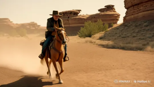Rugged Cowboy Gallops Through Desert Landscape – AI Generated Video | Hailuo AI