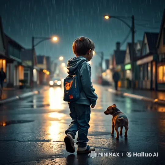 Rainy Evening in Town with Curious Boy and Dog – AI Generated Video | Hailuo AI