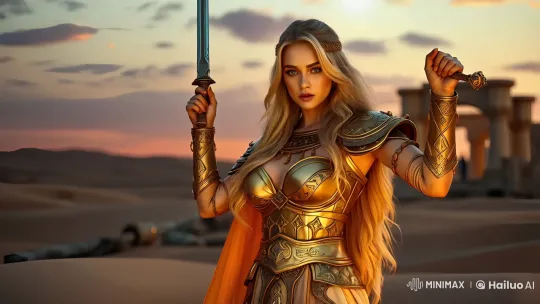 Maya's Flaming Sword Dance in Desert Sunset Slow-Mo – AI Generated Video | Hailuo AI