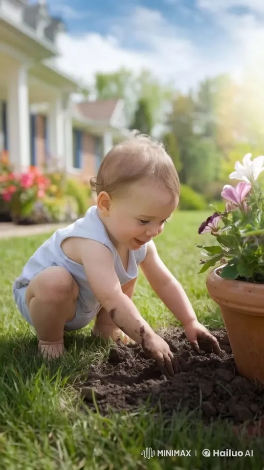 Child's Joyful Play in Garden Soil – AI Generated Video | Hailuo AI
