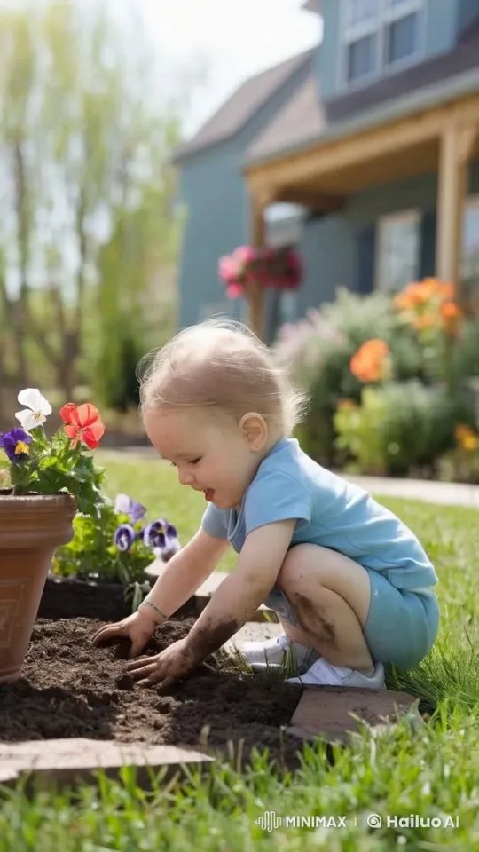 Child Playing in Garden Soil with Joy – AI Generated Video | Hailuo AI