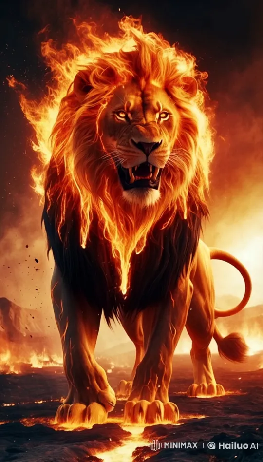 Flaming Lion Roars Silently in Live2D Animation – AI Generated Video | Hailuo AI