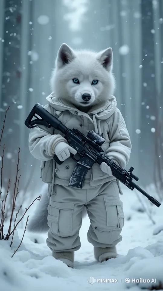 Baby Wolf Cub in Camouflage Walks Through Snowy Forest – AI Generated Video | Hailuo AI