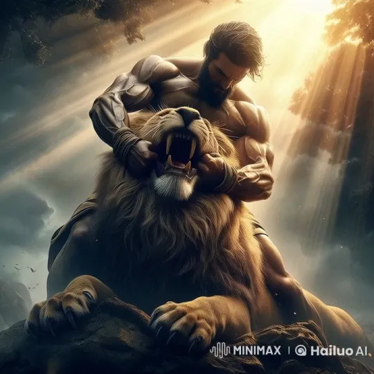 Muscular Man Grapples Lion in Dramatic Forest Confrontation – AI Generated Video | Hailuo AI