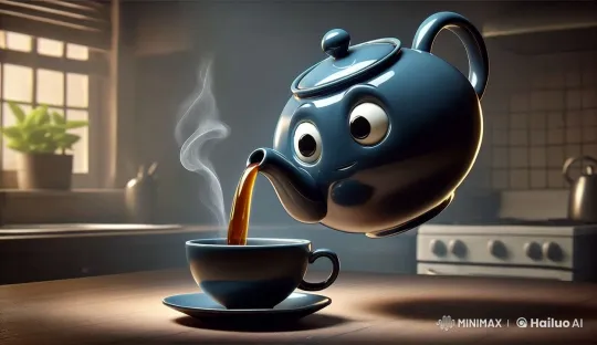 Blue Teapot Pouring Tea in Cozy Kitchen Setting – AI Generated Video | Hailuo AI