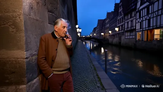 Elderly Man Reflects by Strasbourg Watercourse – AI Generated Video | Hailuo AI