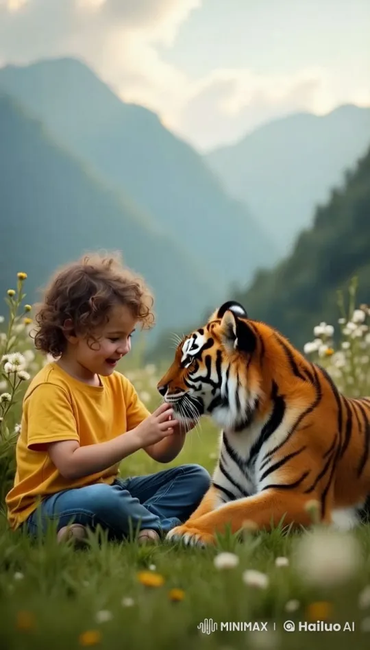 Child Playing with Tiger on Mountain – AI Generated Video | Hailuo AI