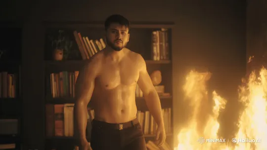 Fit Man Navigates Dangerous Flames in Dimly Lit Room – AI Generated Video | Hailuo AI