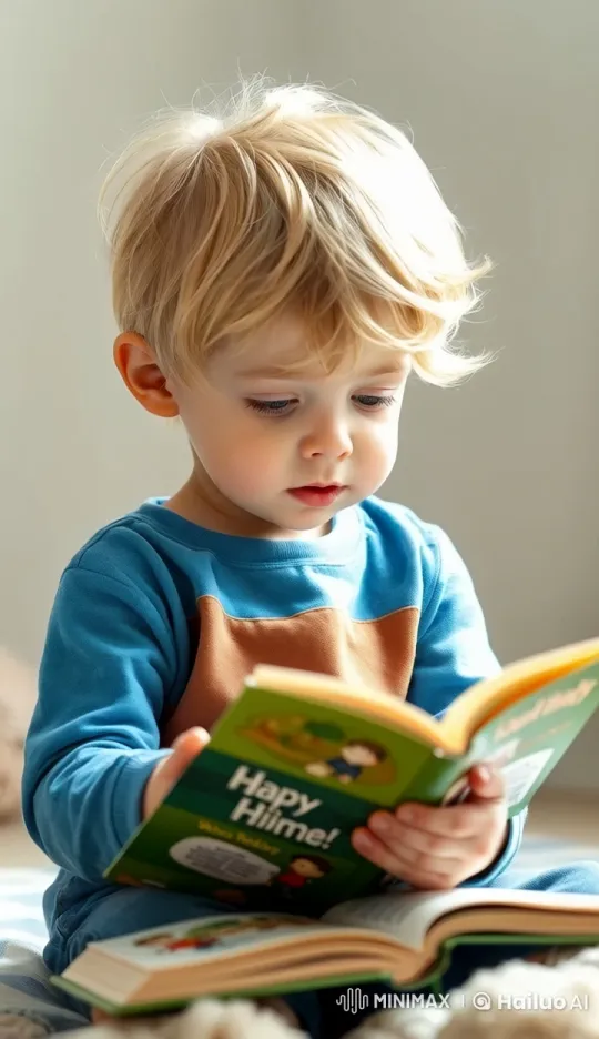 Blonde Child Engrossed in Reading 'Happy Hime!' – AI Generated Video | Hailuo AI